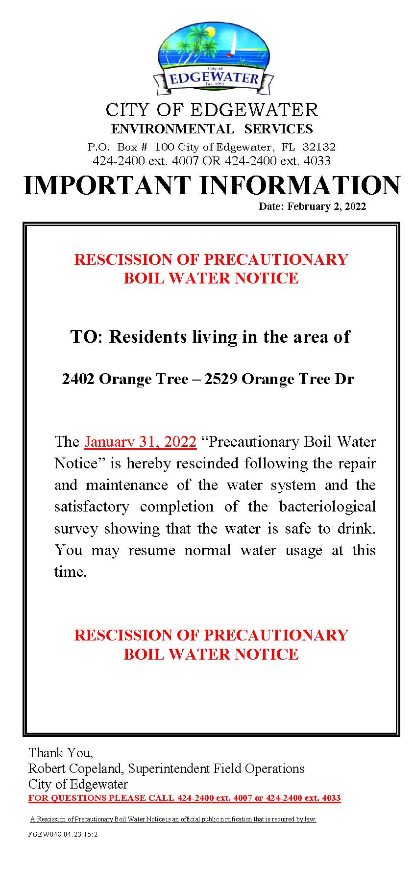 RESCISSION OF PRECAUTIONARY BOIL WATER NOTICE 2402-2529 ORANGE TREE DRIVE