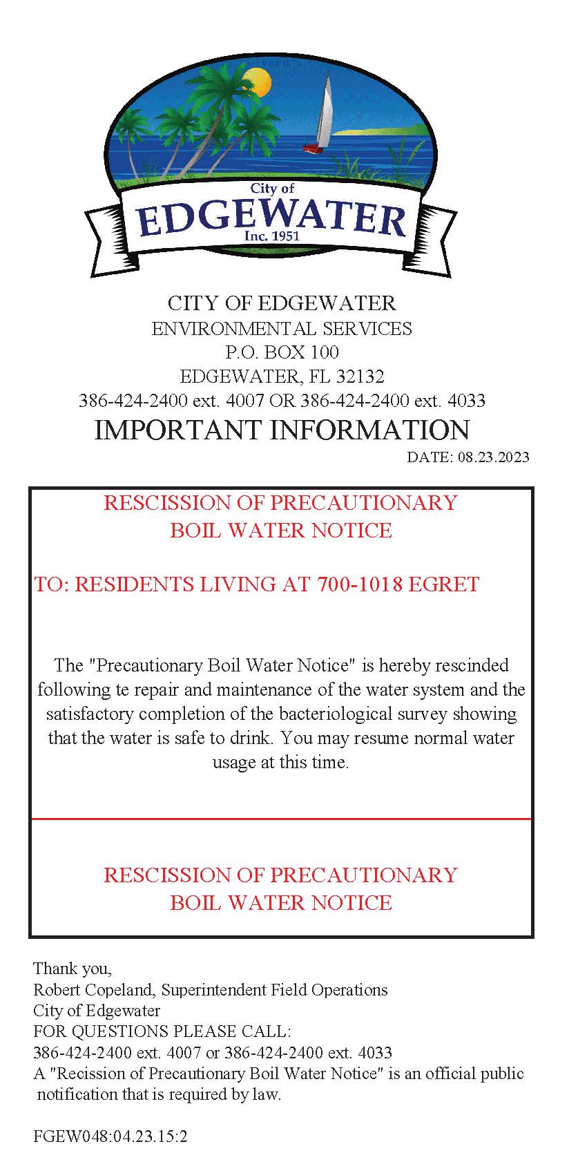 Rescission of Precautionary Boil Water Notice-700-1018 Egret Court