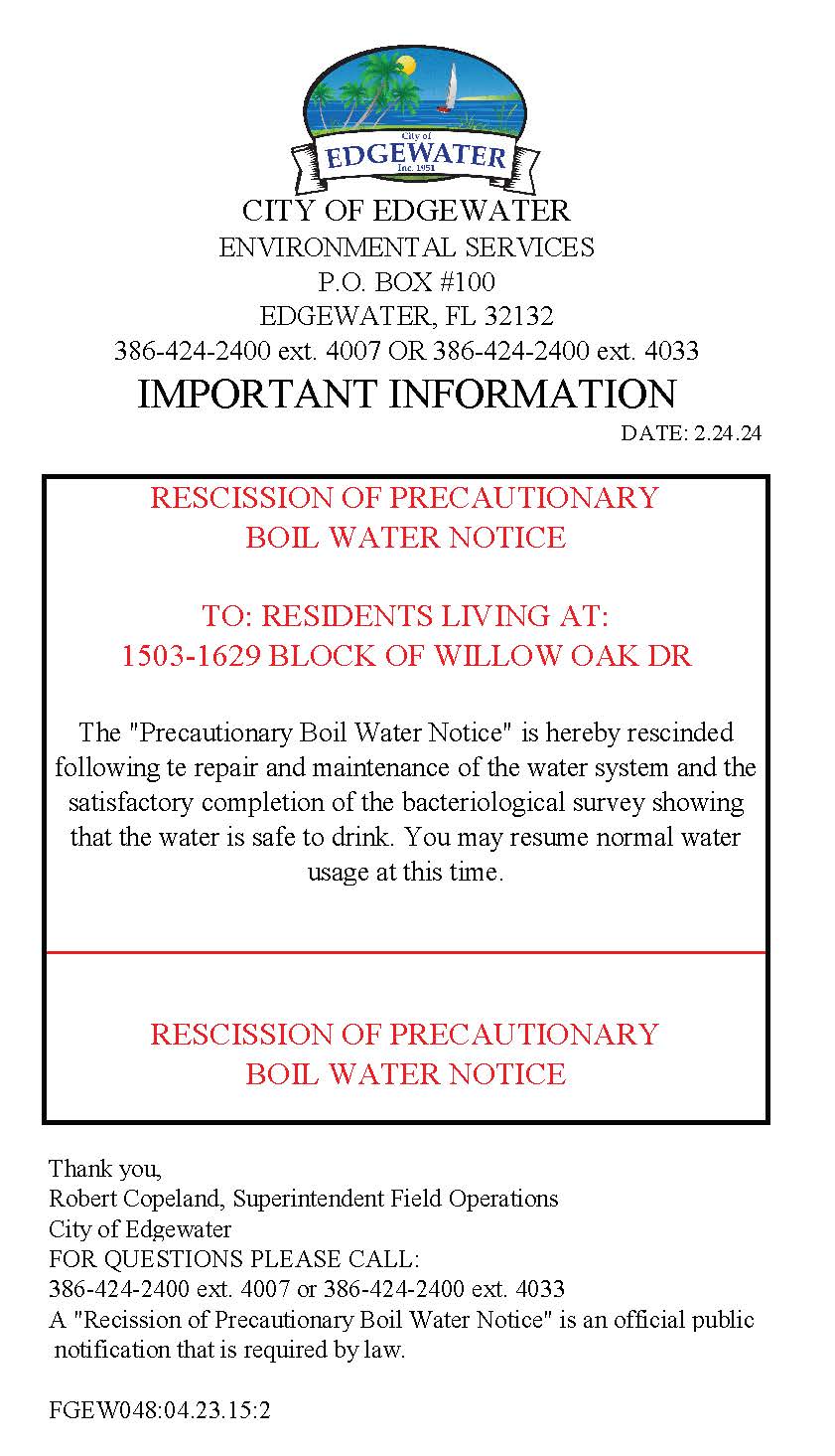 Rescission of Precautionary Boil Water Notice