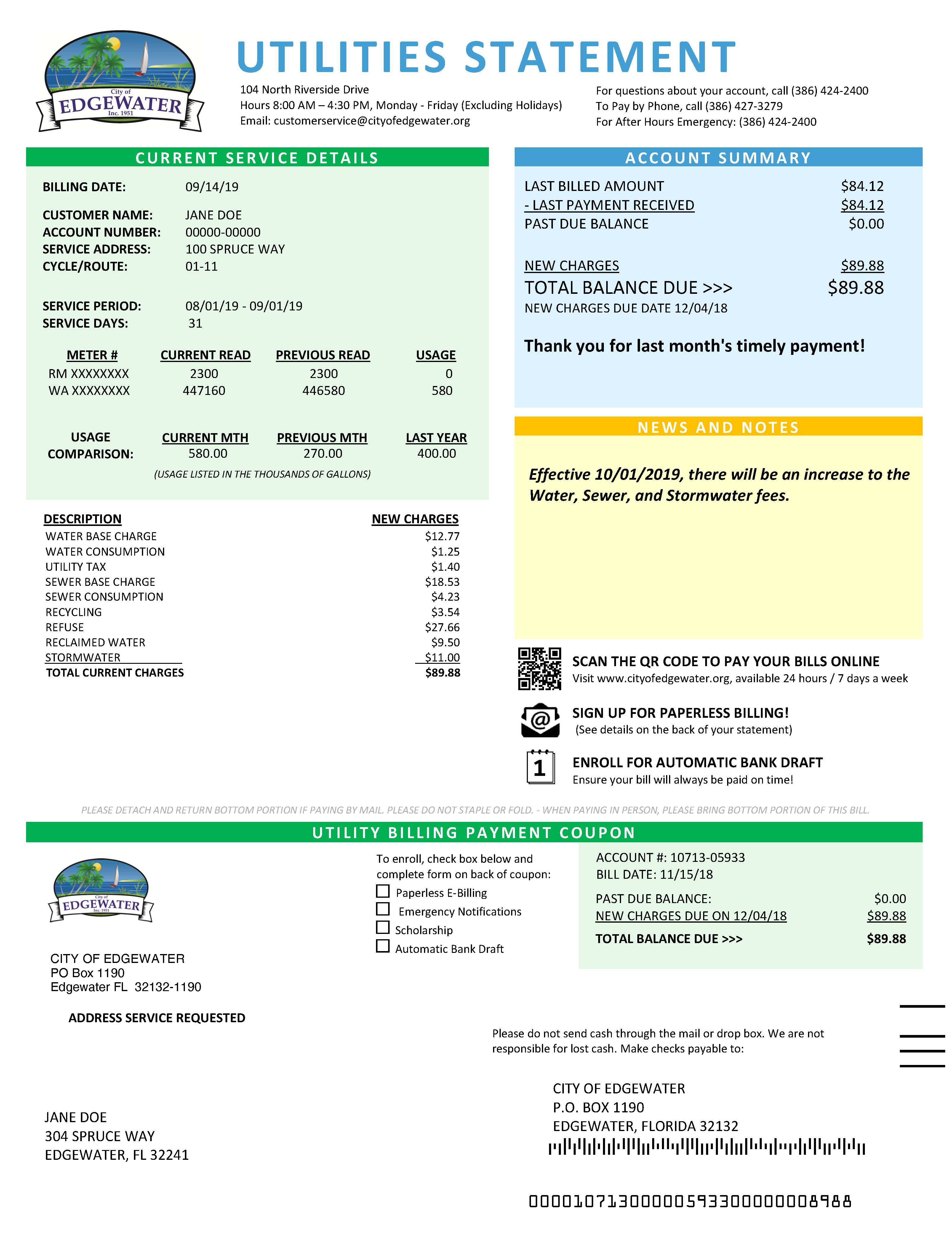 City of Edgewater Monthly Utility Bill | City of Edgewater Florida