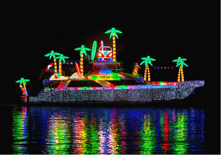 Boat lit up for the holidays.