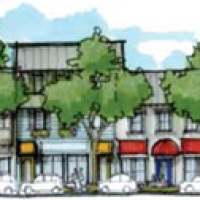 Rendering showing potential downtown with retail shops on the first floor and residential use on the second floor
