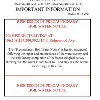 Rescission of Boil Water Notice - June 11, 2024  for 106-316 S Ridgewood Ave