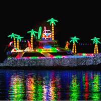 Boat lit up for the holidays.
