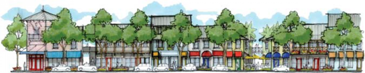 Rendering showing possible downtown with retail shops on the first floor and residential on the second floor Rendering showing potential downtown with retail shops on the first floor and residential use on the second floor