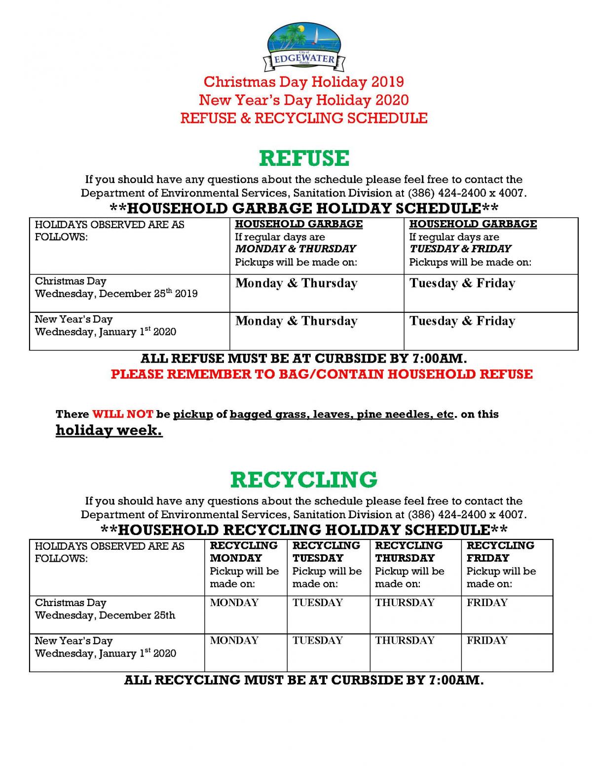 Refuse Recycling Holiday Schedule - 2019 Christmas Day  2020 New Years Day