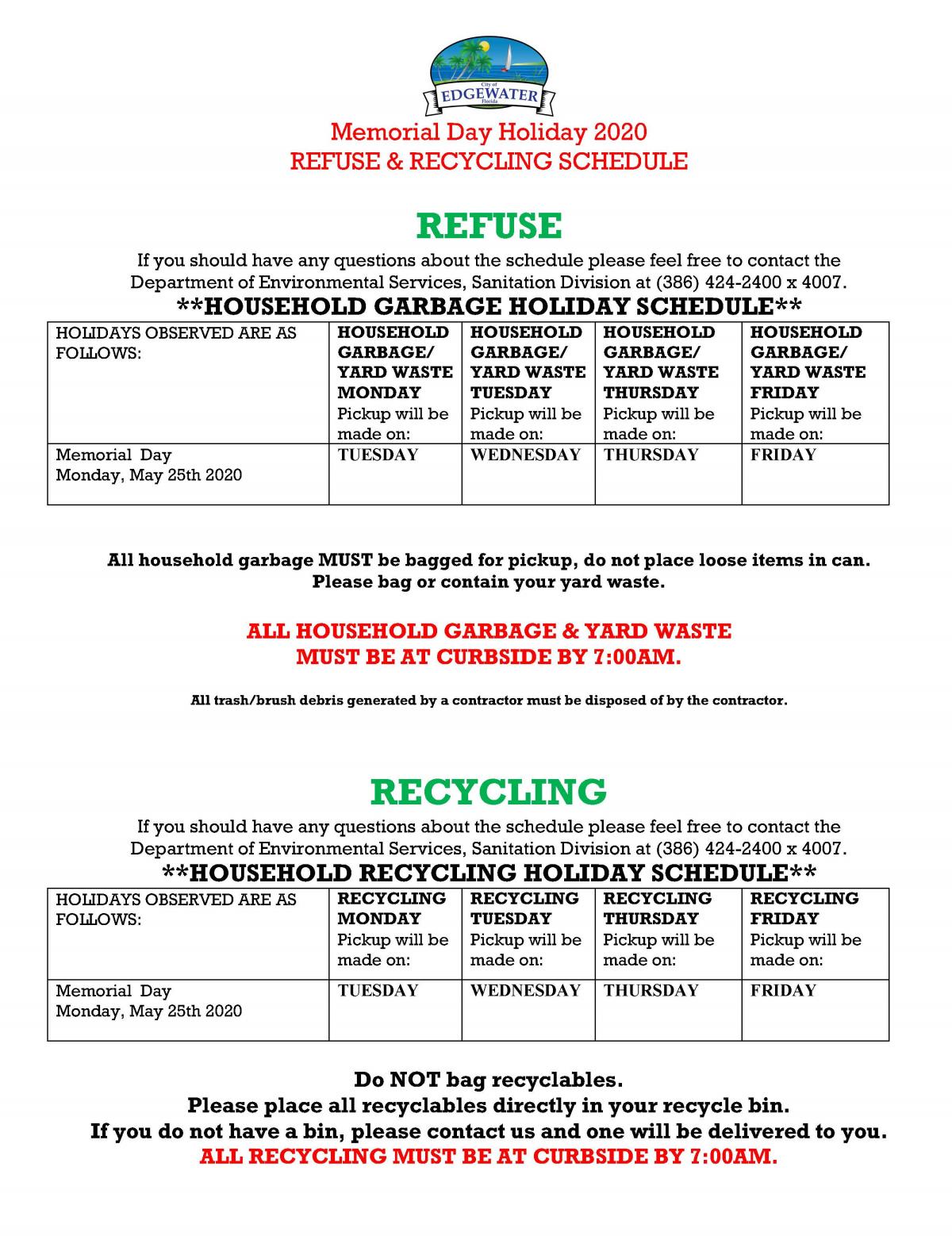 Memorial Day HolidayRefuse & Recycling Schedule City of Edgewater