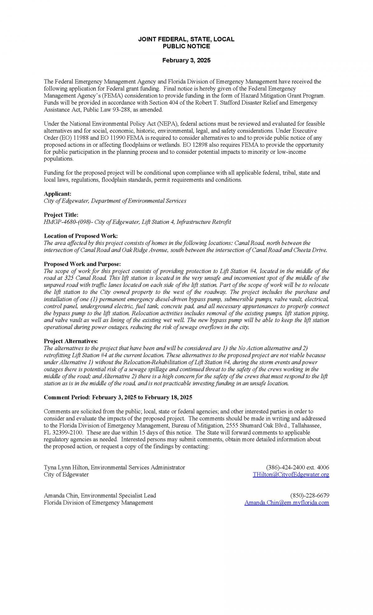 Public Notice-HMGP-4680-(098) City of Edgewater, Lift Station #4, Infrastructure Retrofit