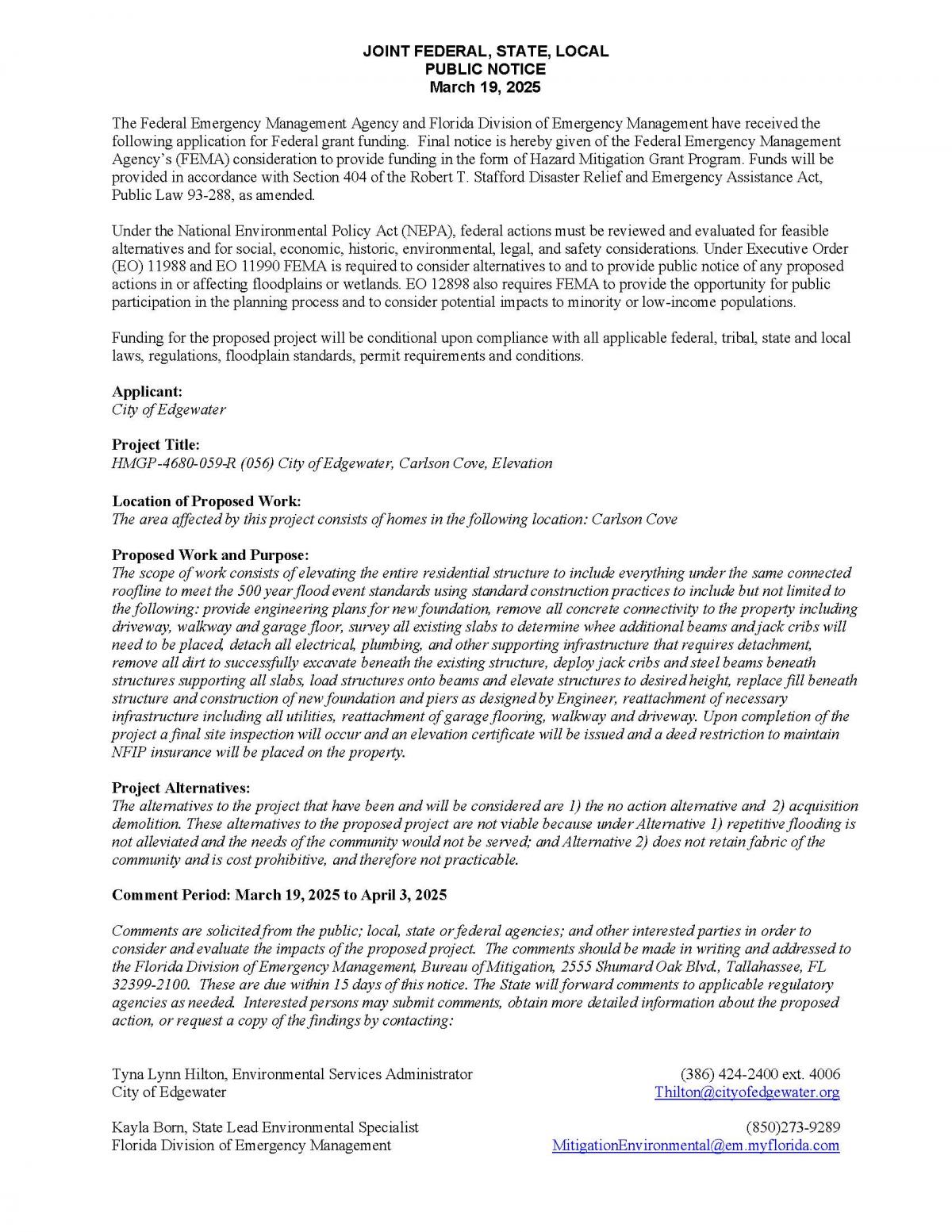 HMGP Public Notice - 103 Carlson Cove
