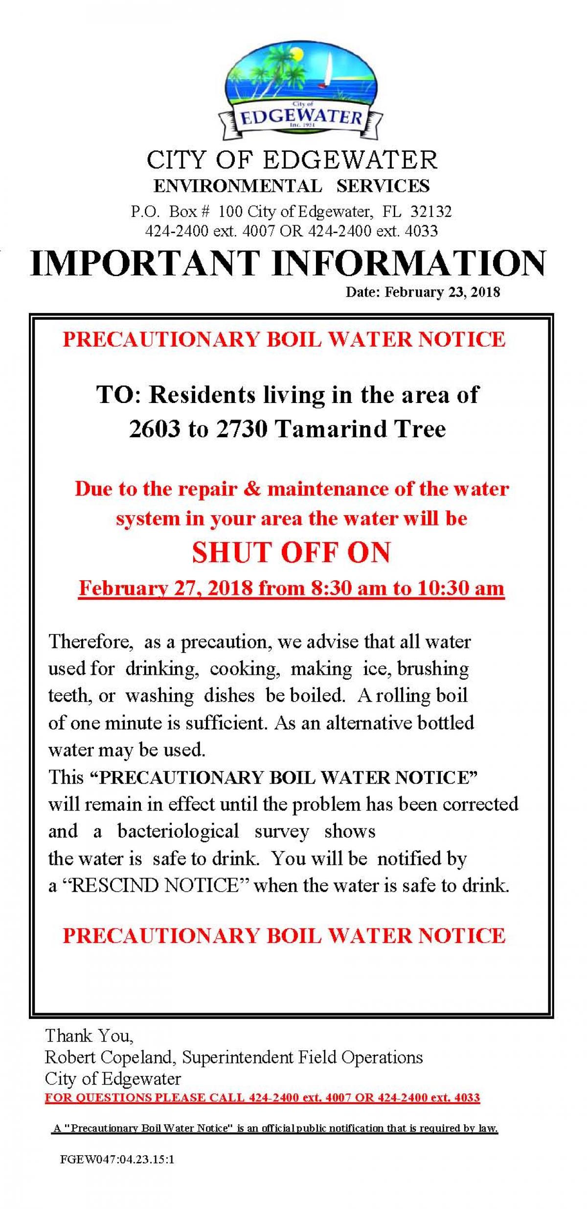 Boil Water Notice Tamarind 26th to 28th St 2-27-2018