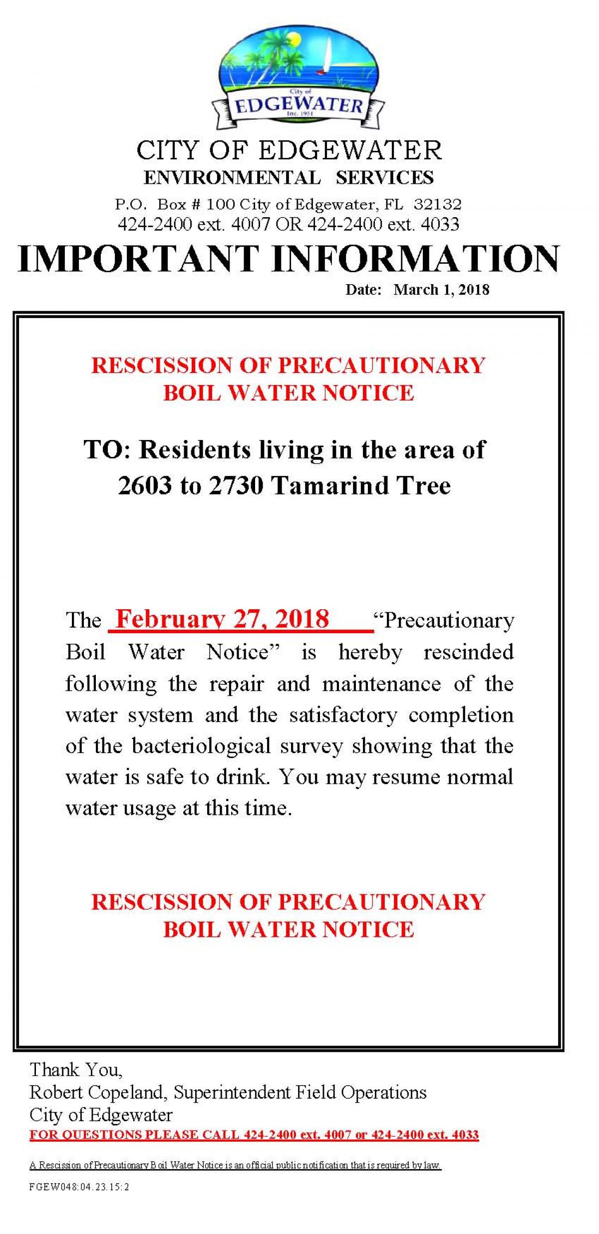 Rescind Precautionary Boil Water Notice 3 1 2018 Tamarind Drive 26th 28th Street City Of Edgewater Florida