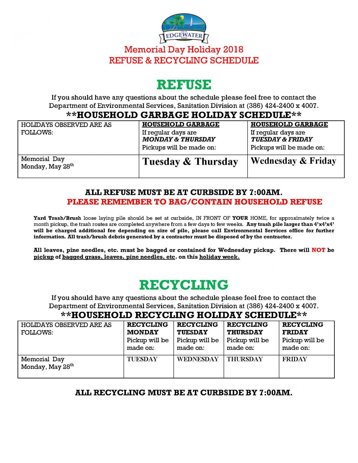 Memorial Day Refuse Recycling
