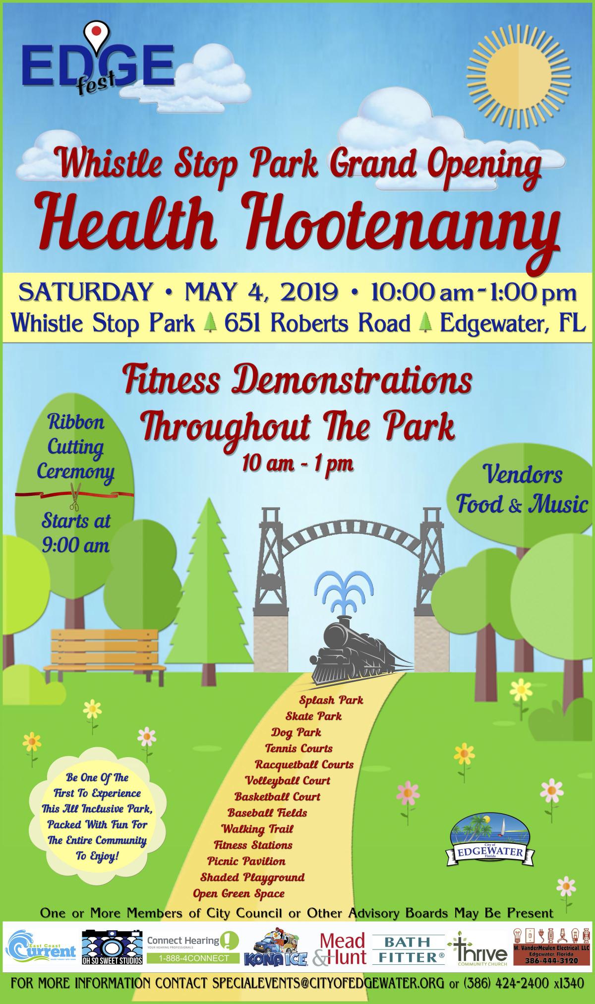 Whistle Stop Park Grand Opening and EdgeFest Health Hootenanny, Saturday, May 4, Starting at 9:00 a.m.