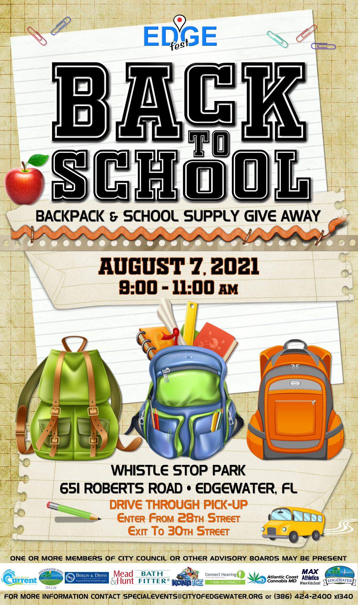 EDGEfest Event flyer - August 7, 2021 EDGEfest Back to School Backpack & School Supply Give Away